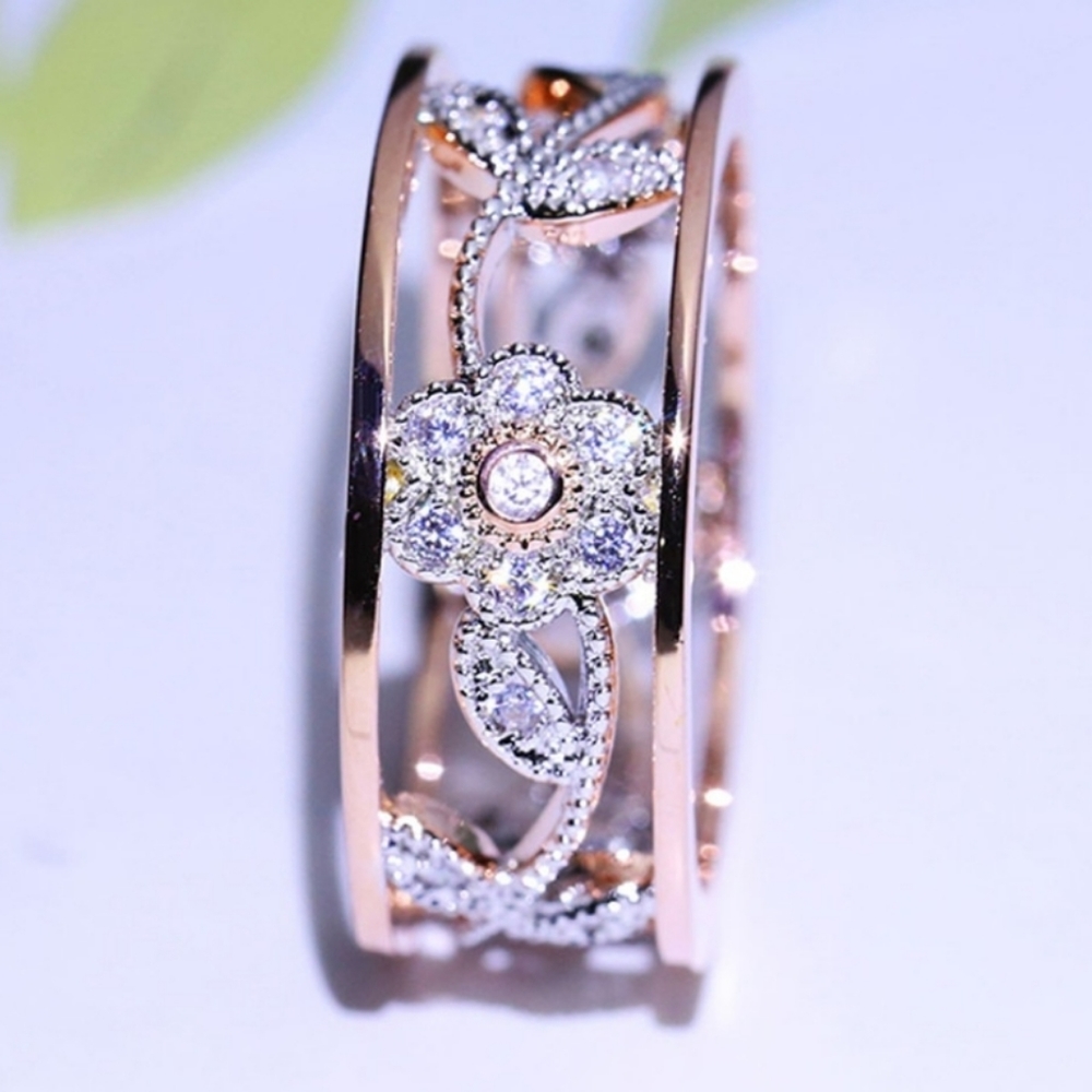 Rose Gold Flower Leaf Rhinestone Ring - Picture 3 of 4